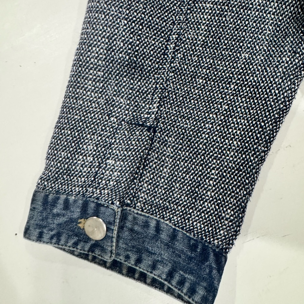 Chico’s Denim Tweed Mixed Media Jacket Blue Silver Button Size 1 M - Picture 7 of 11